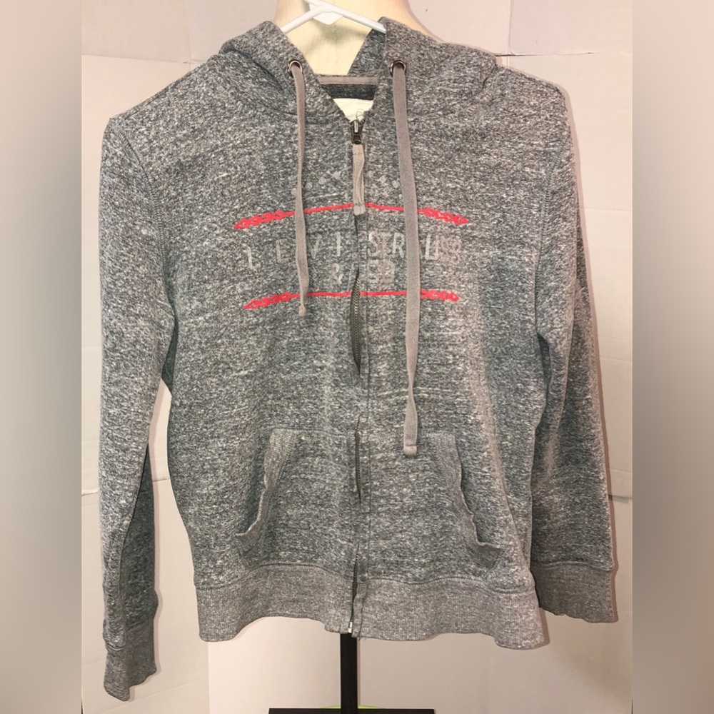 LEVIS STRAUSS Youth Gray Full Zip Hoodie Quilted Sweatshirt Red Logo Boys Size M
